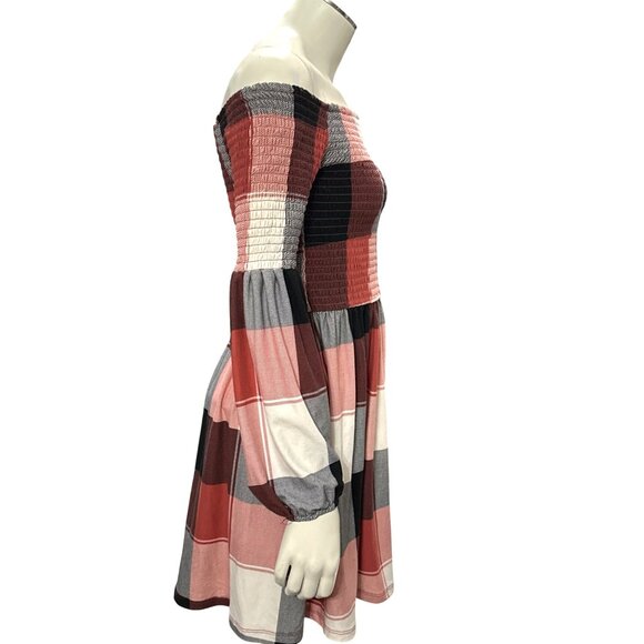 205 Collins Red Plaid Smocked Off Shoulder Flare Mini Dress Cottagecore Westernn - Picture 6 of 12